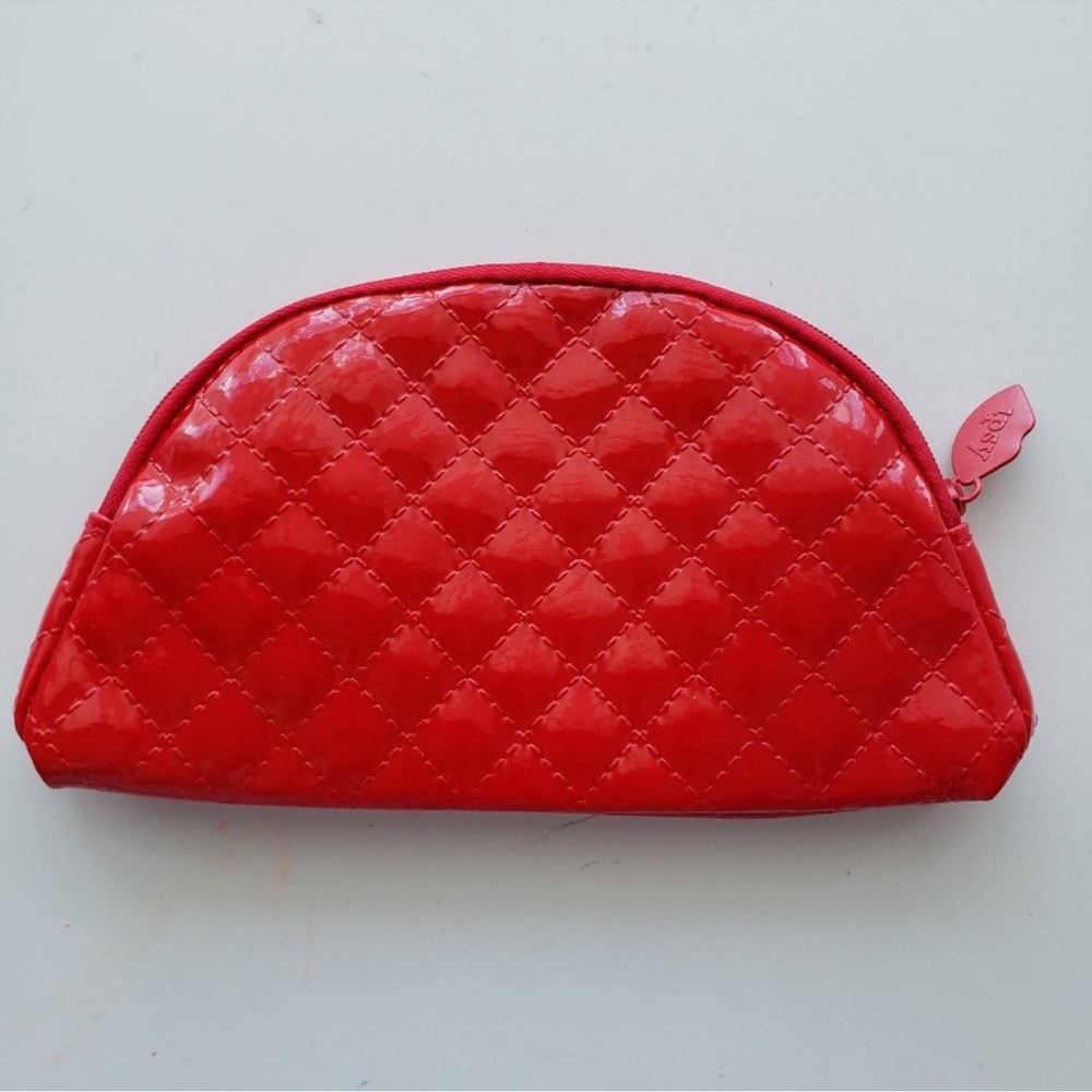 Ipsy Lipstick Red Quilted Patent Leather Small Shiny Makeup Cosmetic Beauty